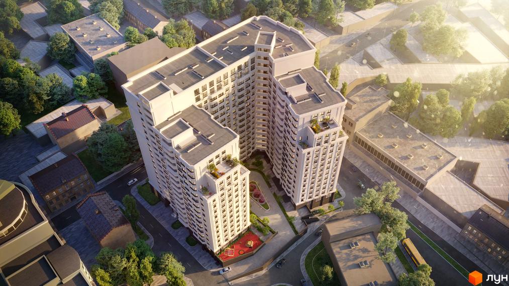 Високоповерхова новобудова Дім на Подолі з білими фасадами, розташована серед міської забудови. На прибудинковій території дитячий майданчик та зелені насадження.