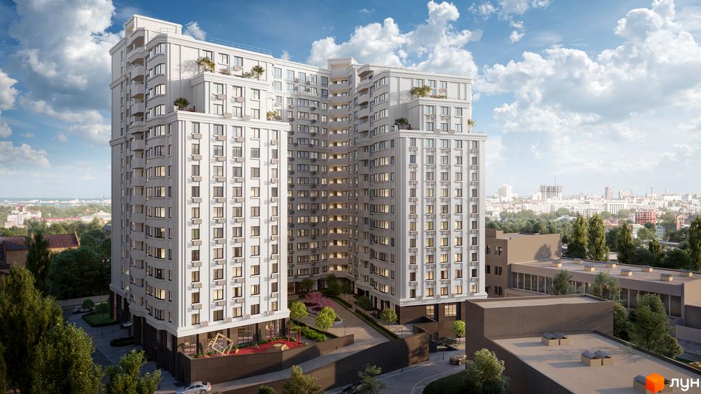 Зовнішній вигляд житлового комплексу Дім на Подолі: біла багатоповерхова будівля з балконами та кондиціонерами. Прибудинкова територія з деревами та дитячим майданчиком.