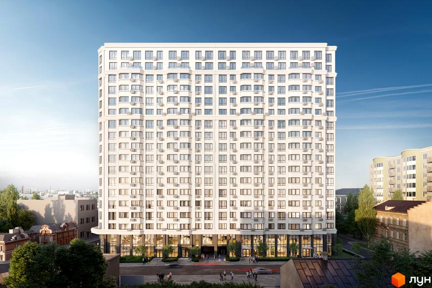 Зовнішній вигляд новобудови ЖК Дім на Подолі. Фасад будинку білий, багато вікон та балконів. Біля будинку зелені насадження та дорога з автомобілями.