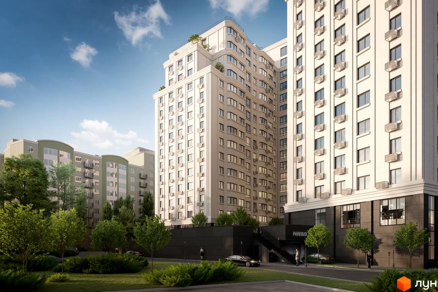 Високі будинки ЖК Дім на Подолі з великими вікнами та кондиціонерами, поруч зелені дерева та доглянута прибудинкова територія з газоном.