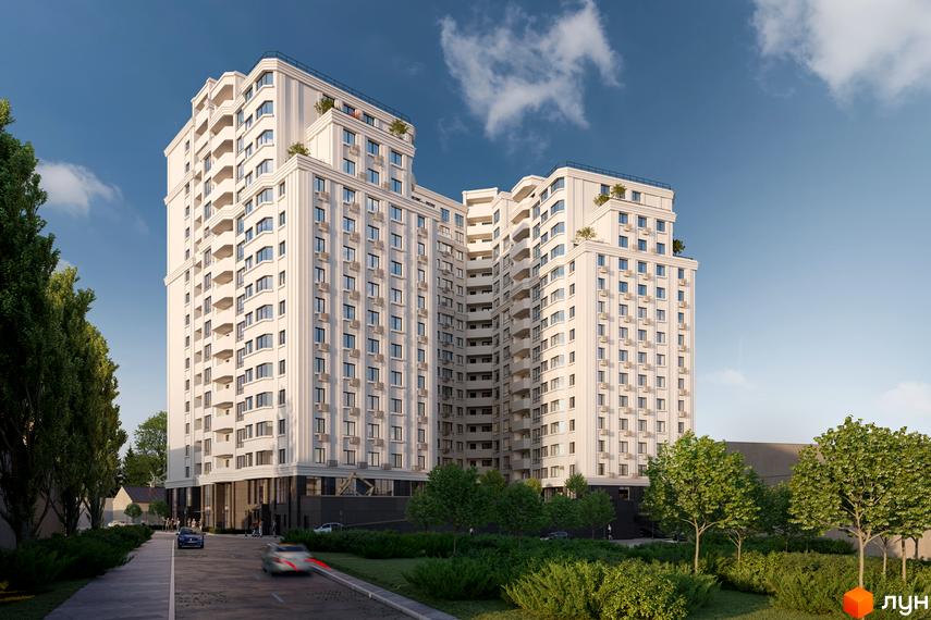 Висотна будівля ЖК Дім на Подолі з білими фасадами та великою кількістю вікон. На території комплексу є зелені насадження та дорога.