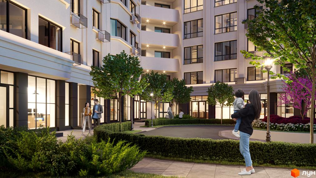 Житловий комплекс Дім на Подолі: фасади будівлі з балконами та вікнами, прибудинкова територія з деревами, кущами та ліхтарем.