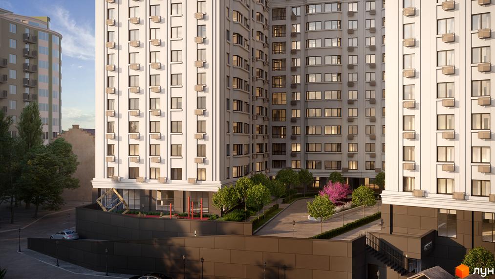 Високі будинки ЖК Дім на Подолі з великими вікнами та кондиціонерами, поруч доглянута прибудинкова територія з деревами та дитячим майданчиком.