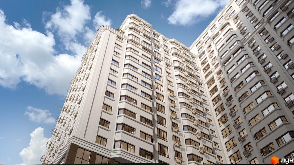 Зовнішній вигляд житлового комплексу Дім на Подолі з численними вікнами та балконами на фоні блакитного неба з хмарами. Будівельний проєкт має білосніжний фасад та виступаючі елементи.