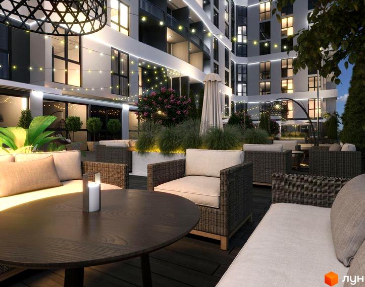Зображення ЖК GRAND HALL: сучасний житловий комплекс з терасами та зоною відпочинку. На території комплексу розташовані зручні меблі та декоративні рослини.