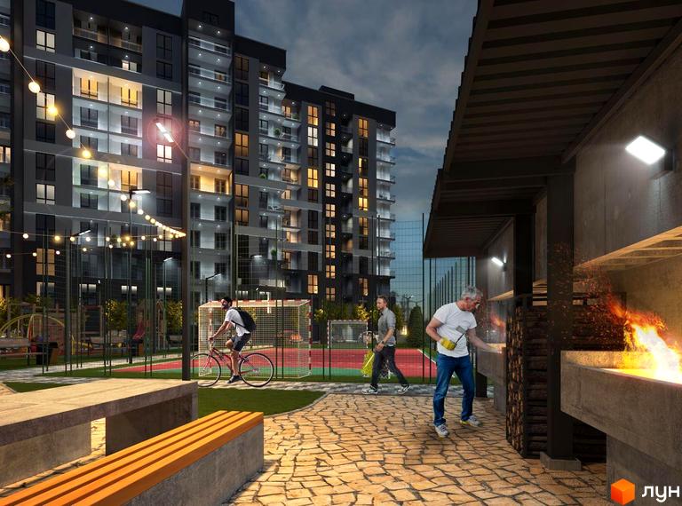 Житловий комплекс GRAND HALL з сучасною архітектурою та доглянутою прибудинковою територією з місцями для відпочинку та спортивними зонами.