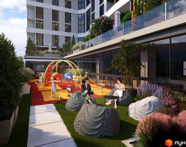 Житловий комплекс GRAND HALL з дитячим майданчиком та зоною відпочинку. Висотна будівля з панорамним склінням та доглянутою прибудинковою територією.