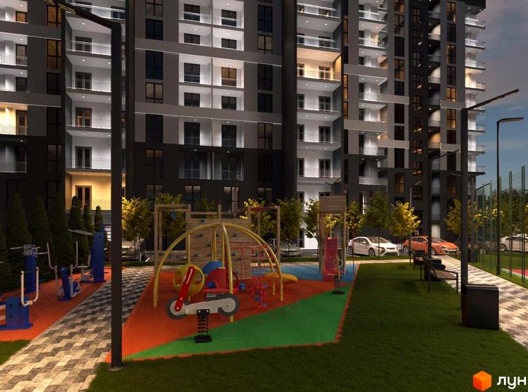 Висотна будівля ЖК GRAND HALL з великими вікнами та балконами, поруч дитячий майданчик з різними розвагами та зони для відпочинку.