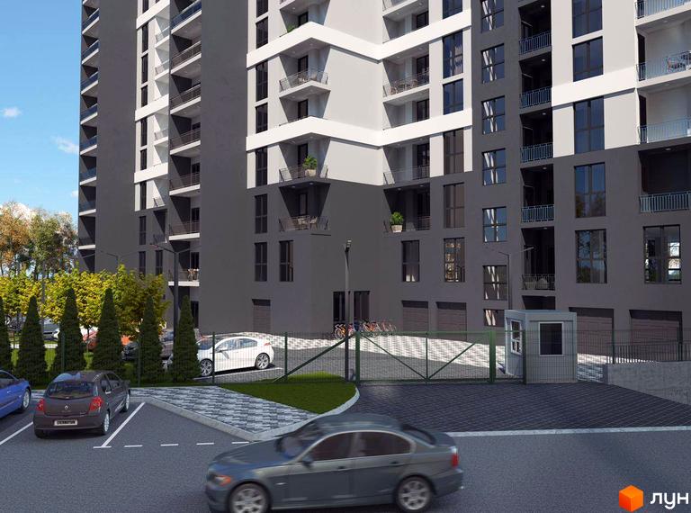 Висотна новобудова ЖК GRAND HALL з темним фасадом. На території є парковка, зелені насадження та в'їзд з шлагбаумом.