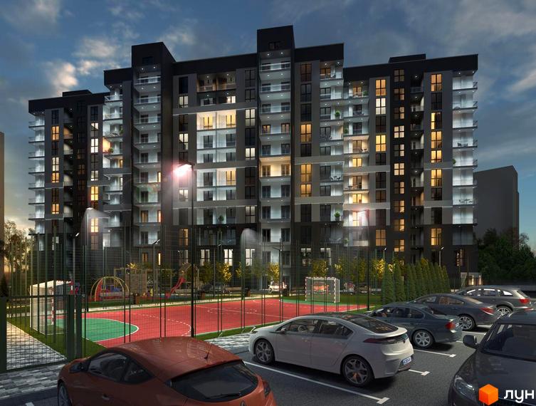 Житловий комплекс GRAND HALL з фасадами темного кольору та балконами, поруч спортивний майданчик з червоним покриттям та паркінг з автомобілями.