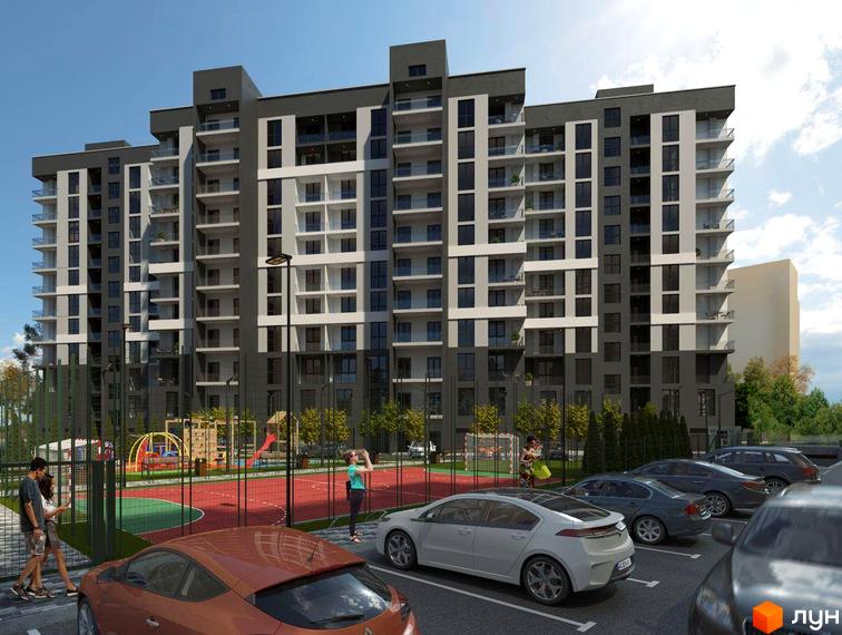 Житловий комплекс GRAND HALL - багатоповерхова новобудова з балконами, поруч спортивний майданчик та дитяча зона.