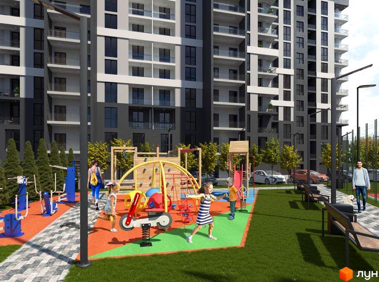 Багатоповерховий будинок ЖК GRAND HALL з великою прибудинковою територією, дитячим майданчиком та зонами відпочинку. Перспективний варіант для комфортного життя.