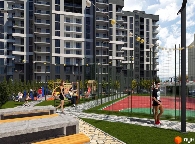 Багатоповерховий будинок ЖК GRAND HALL з балконами та прибудинковою територією з дитячим майданчиком, спортивним майданчиком та лавками для відпочинку.