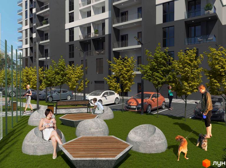 Зображення ЖК GRAND HALL: багатоповерховий будинок з балконами та прибудинкова територія з лавками, деревами, газоном та припаркованими автомобілями.