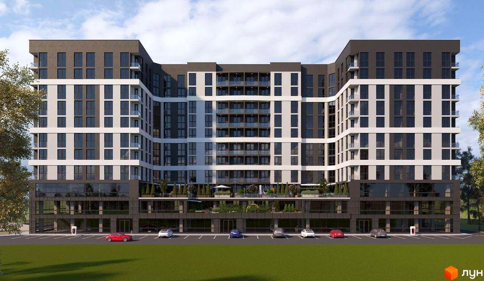 Зовнішній вигляд житлового комплексу GRAND HALL з фасадами білого та темно-сірого кольорів, великими вікнами та балконами. На прибудинковій території розташовані дерева та парковка з автомобілями.