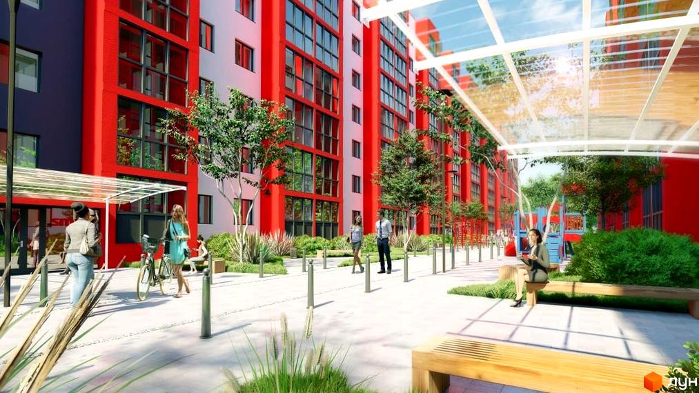 Житловий комплекс Smart Fort з яскравим фасадом та доглянутою прибудинковою територією з лавками та деревами.