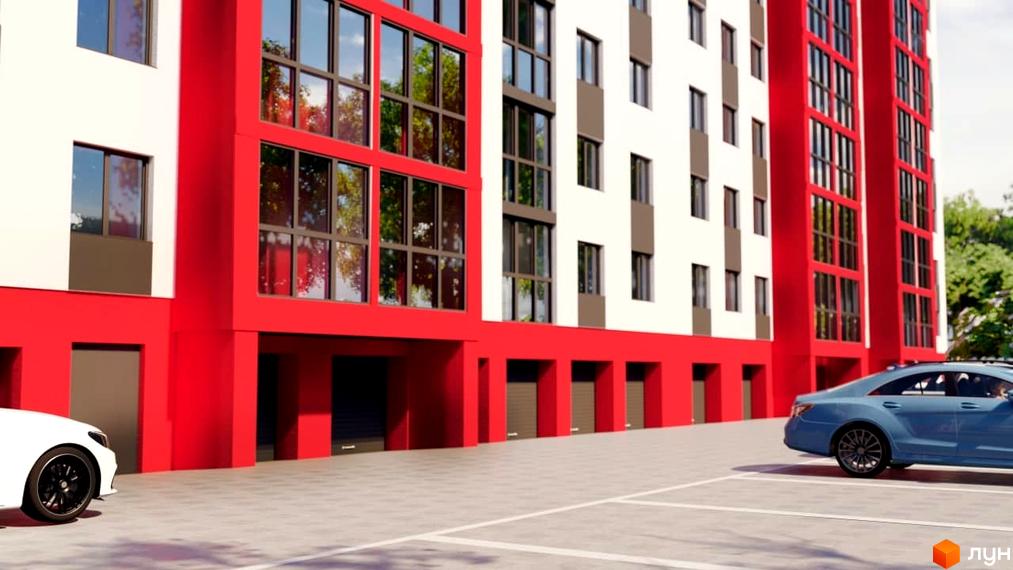 Зовнішній вигляд новобудови ЖК Smart Fort з червоними та білими фасадами, великими вікнами та паркомісцями перед будинком.