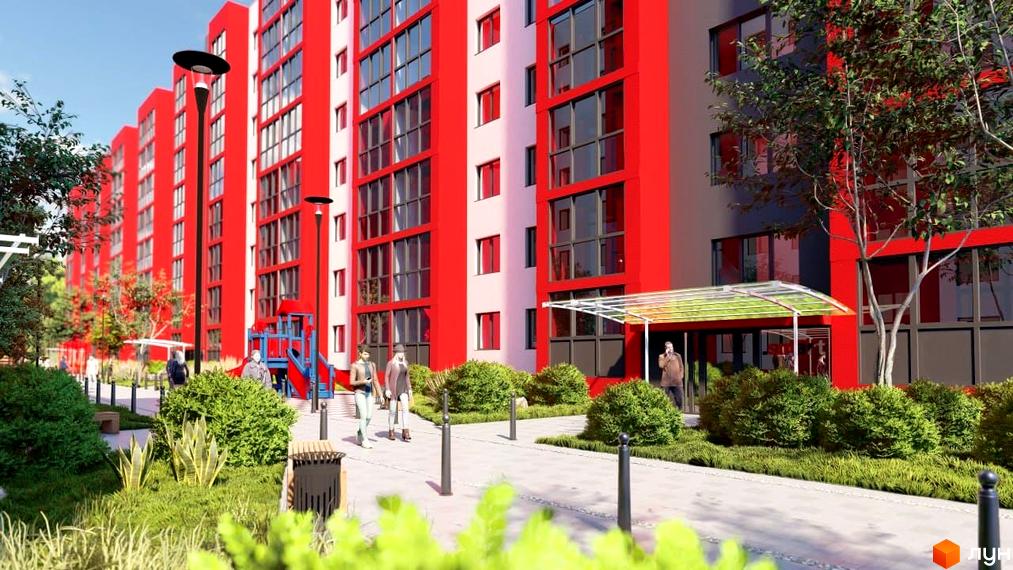 Зовнішній вигляд житлового комплексу Smart Fort з червоними та сірими фасадами, вікнами та прибудинковою територією з деревами та кущами.