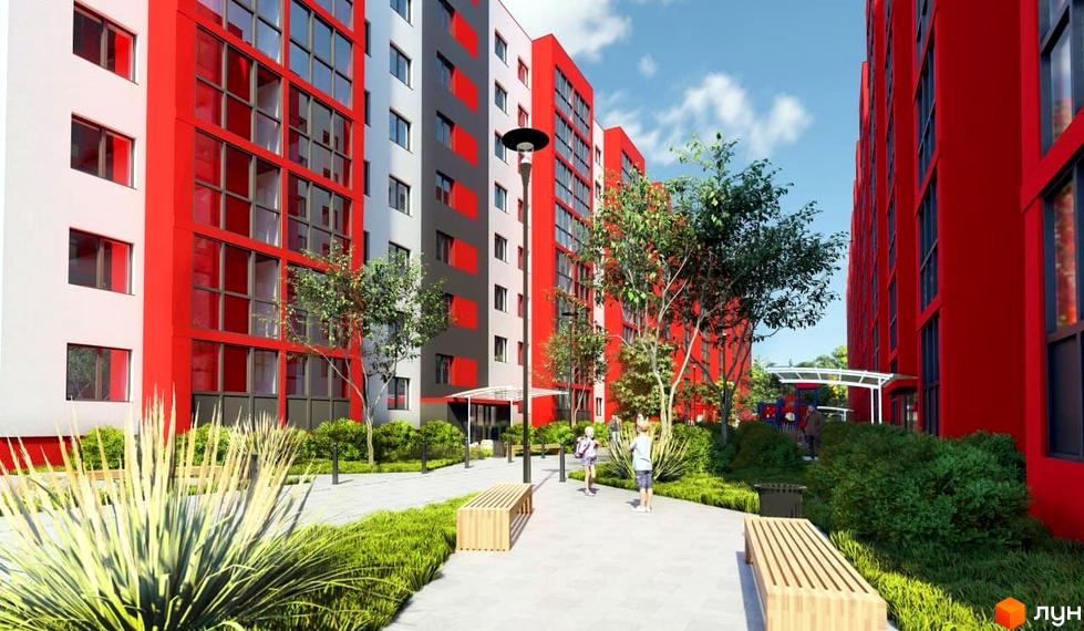 Зовнішній вигляд житлового комплексу Smart Fort з червоними та сірими фасадами, великими вікнами та доглянутою прибудинковою територією з лавками та зеленими насадженнями.