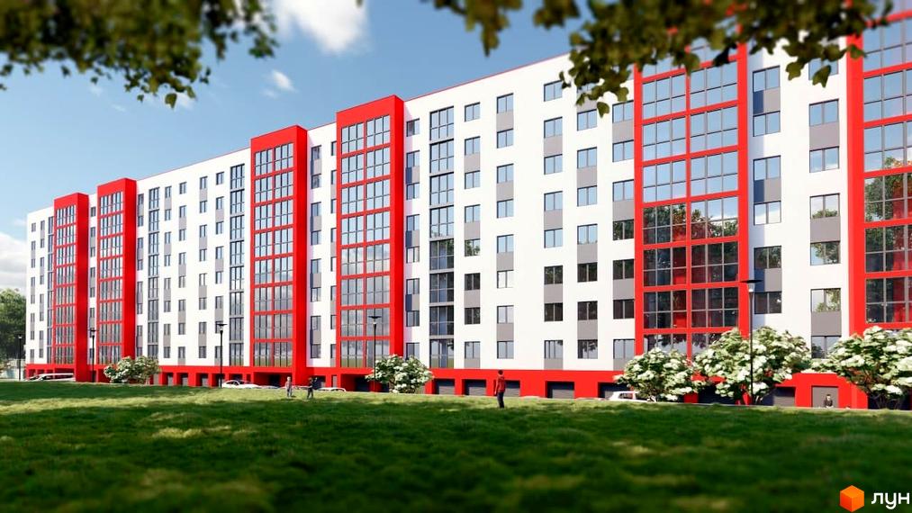 Новобудова Smart Fort з біло-червоними фасадами та великими вікнами. Зелена прибудинкова територія з деревами та людьми.