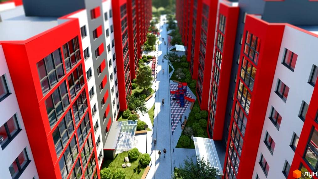 Житловий комплекс Smart Fort: фасади будівель у червоно-білих тонах, упорядкована прибудинкова територія з зеленими насадженнями та дитячим майданчиком.