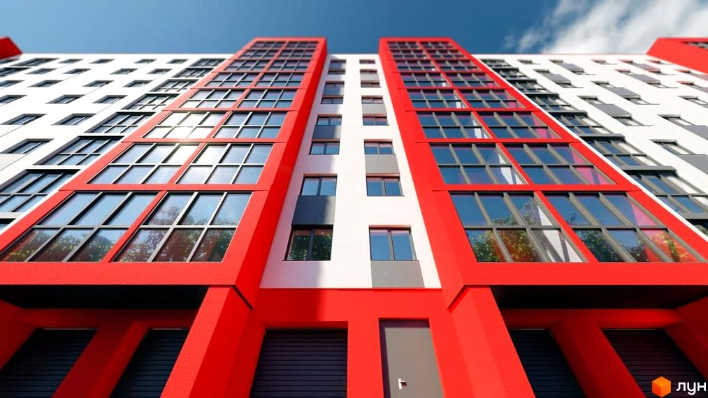 Зовнішній вигляд новобудови ЖК Smart Fort з червоними та білими фасадами, великими вікнами та балконами.