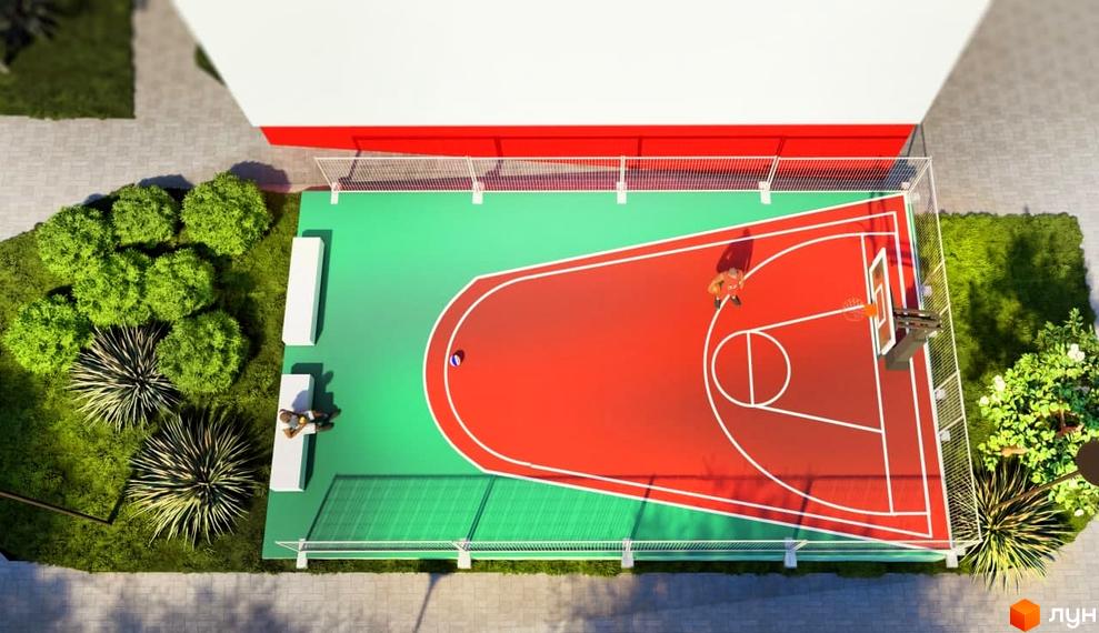 Новобудова Smart Fort з баскетбольним майданчиком та зоною відпочинку. На території комплексу розташовані зелені насадження та лавки для відпочинку.