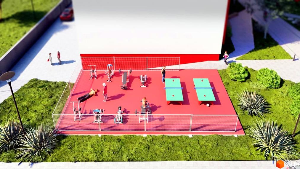 Житловий комплекс Smart Fort: зона відпочинку з тренажерами та столами для настільного тенісу. Навколо – зелена зона з кущами та деревами.