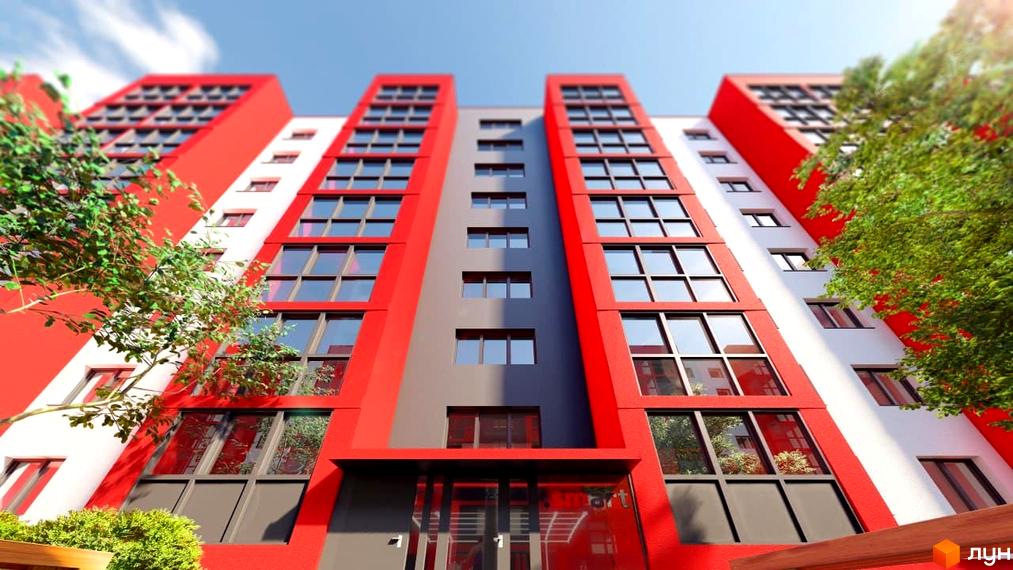 Зовнішній вигляд житлового комплексу Smart Fort з червоно-сірими фасадами та великими вікнами. Навколо будівлі зелені дерева та кущі.