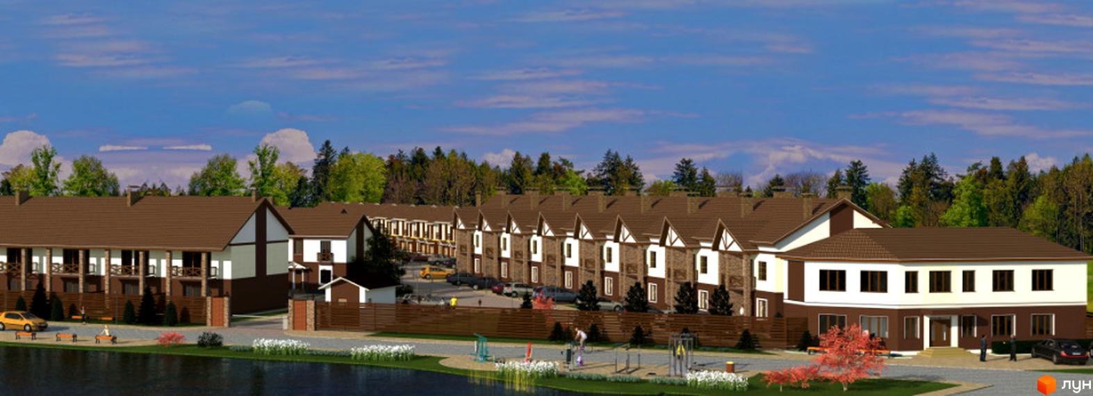 Таунхауси „Рівер Таун“ з коричневими дахами та комбінованими стінами розташовані вздовж водойми. Прибудинкова територія облаштована зонами відпочинку та спортивними майданчиками.