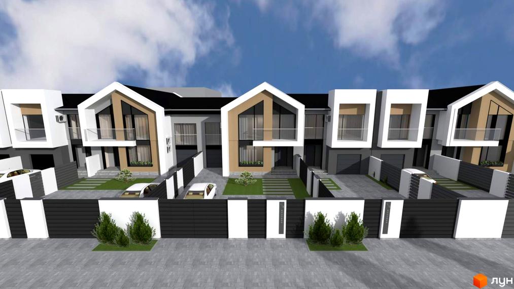 Таунхаус „Вишневий“ – сучасний житловий комплекс з двома поверхами, великими вікнами та балконами. На прибудинковій території розташовані доглянуті газони, дерева та паркувальні місця для автомобілів.