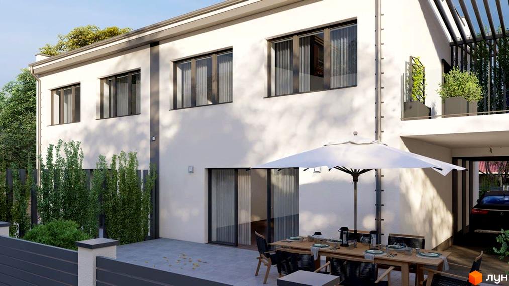Зовнішній вигляд будинку та прибудинкова територія з терасою та зоною відпочинку на вул. Генерала Гандзюка. Опис новобудови з сучасним фасадом та зеленою зоною.