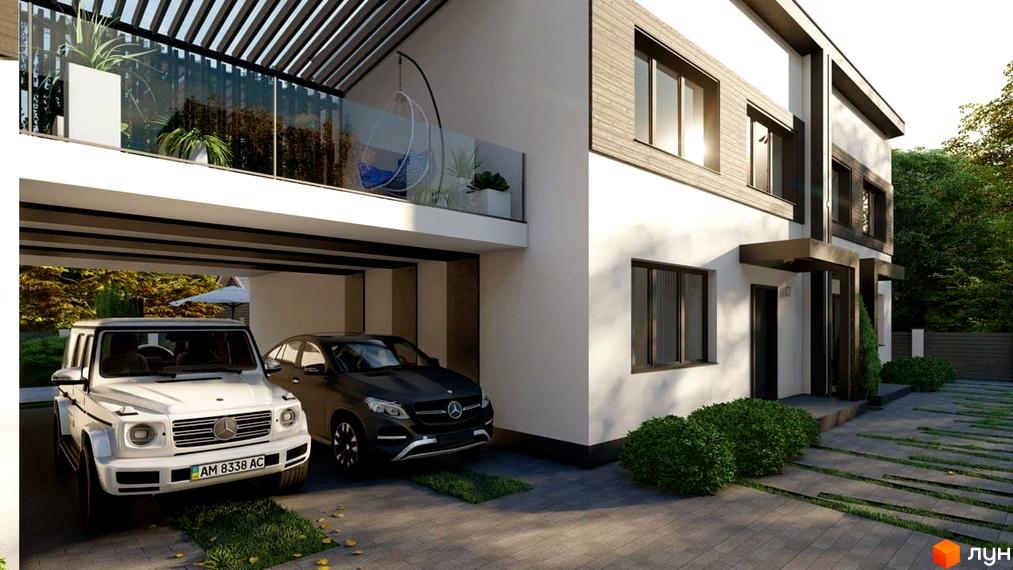 Сучасний житловий комплекс на вулиці Генерала Гандзюка з двома автомобілями на подвір'ї. Зовнішній вигляд будинку та прибудинкова територія.