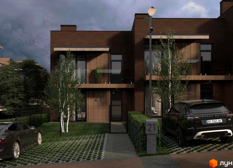 Таунхауси Forest Hill: цегляні фасади, дерев'яні елементи та скляні балкони. Прибудинкова територія з газоном та паркомісцями.