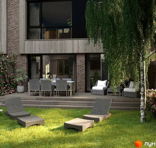 Таунхауси Forest Hill з терасою та зоною відпочинку з шезлонгами на зеленому газоні. Зовнішній вигляд будинку з цегляною кладкою та дерев'яними елементами.