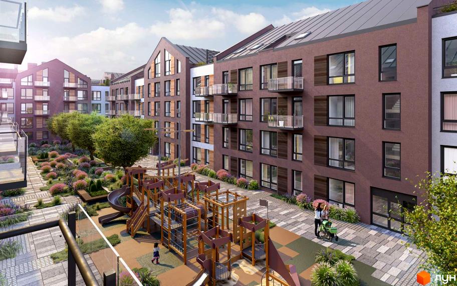 Житловий комплекс Viking Home з дитячим майданчиком та зеленими зонами. Сучасна архітектура з цегляним фасадом та великими вікнами.