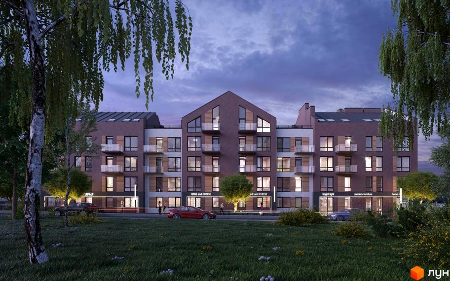 Житловий комплекс Viking Home - це сучасна новобудова з балконами та великими вікнами, розташована на тлі вечірнього неба. Навколо комплексу зелена галявина та дерева.