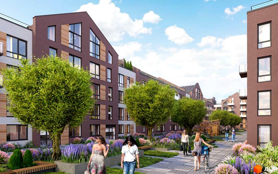 Житловий комплекс Viking Home з коричневими фасадами та дерев'яними елементами, зелені дерева та квіти на прибудинковій території.