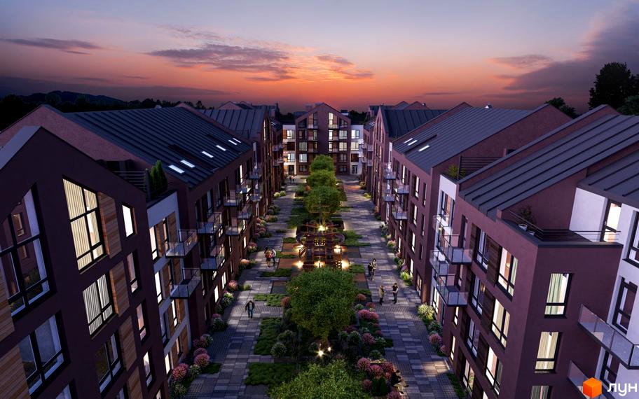 Зображення Житлового комплексу Viking Home з виглядом на двір з ландшафтним дизайном та освітленням.