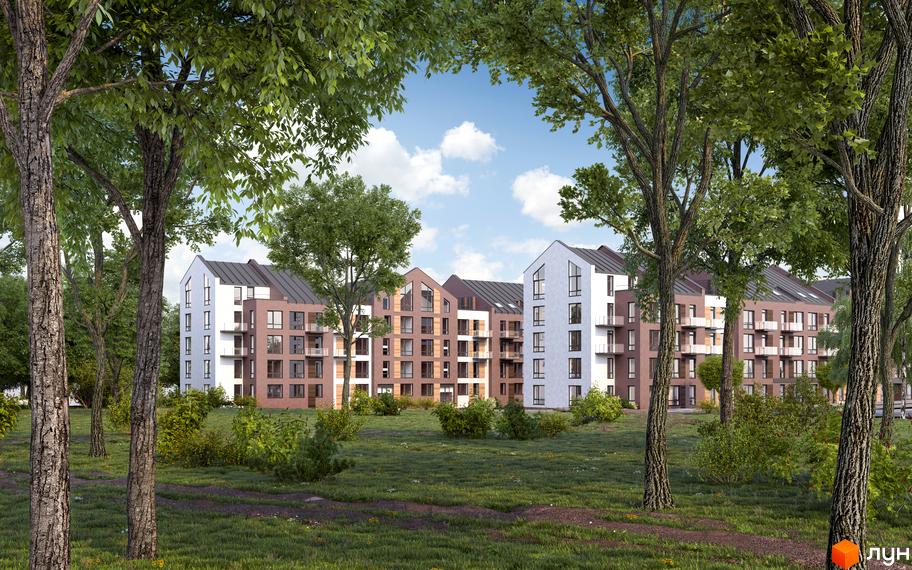 Зовнішній вигляд житлового комплексу Viking Home з фасадами з цегли та білої штукатурки, навколо зелена територія з деревами та газоном.