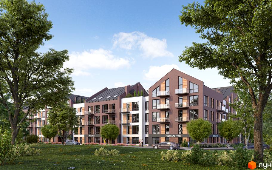 Житловий комплекс Viking Home – це сучасна новобудова з балконами та панорамними вікнами, розташована серед зеленої прибудинкової території з деревами та газоном.