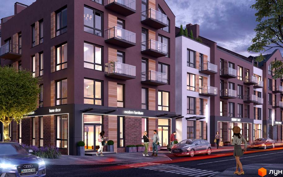 Зовнішній вигляд новобудови Viking Home з фасадами темно-бордового та білого кольорів, скляними балконами та комерційними приміщеннями на першому поверсі. Перед будинком розташована дорога з автомобілями та пішохідним переходом.