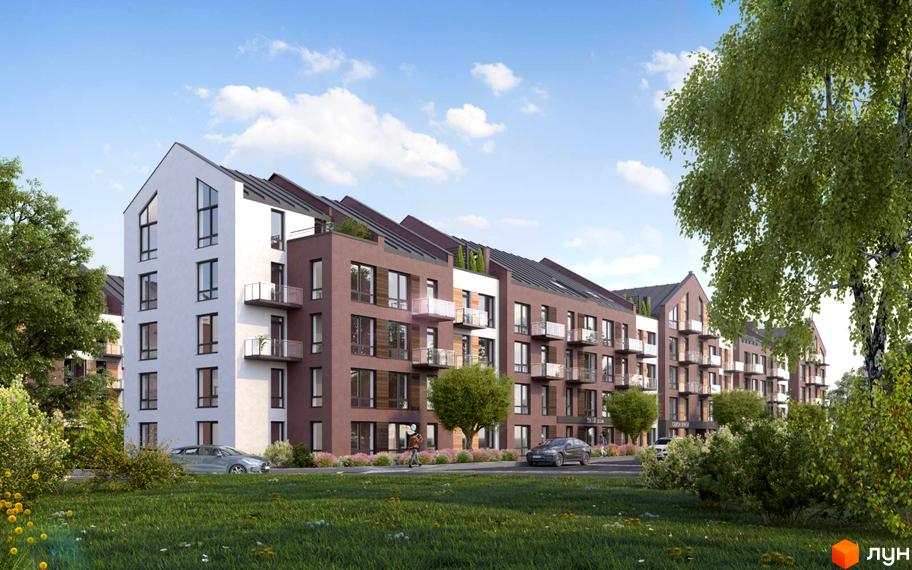 Житловий комплекс Viking Home – це багатоповерховий будинок з коричневою та білою обробкою фасадів, балконами та великими вікнами, розташований на фоні зеленої галявини та дерев.