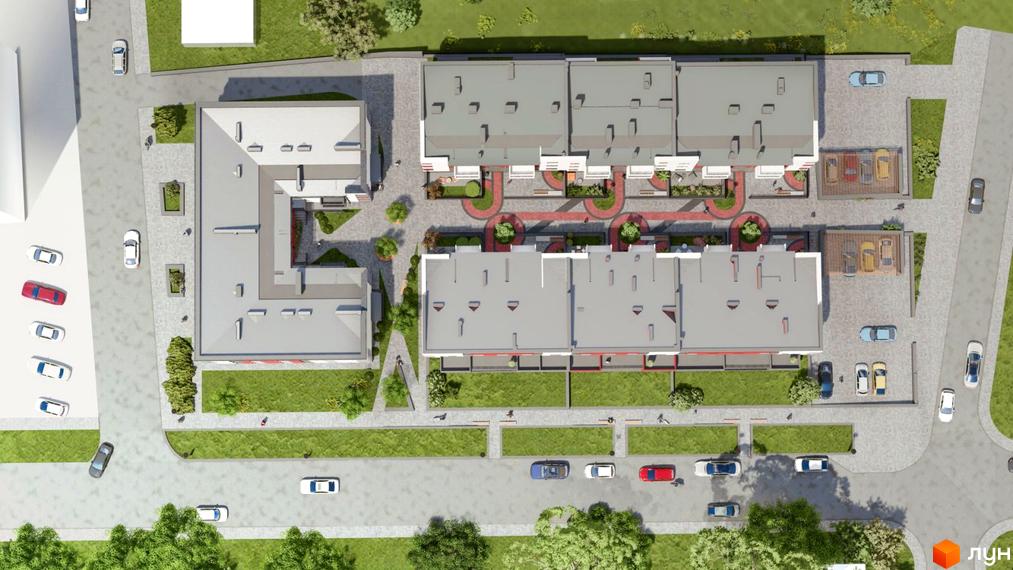 Зображення сторінки житлового комплексу Cherry House 3. Вид зверху на будівлі з сірими дахами, поруч парковка та зелені насадження.