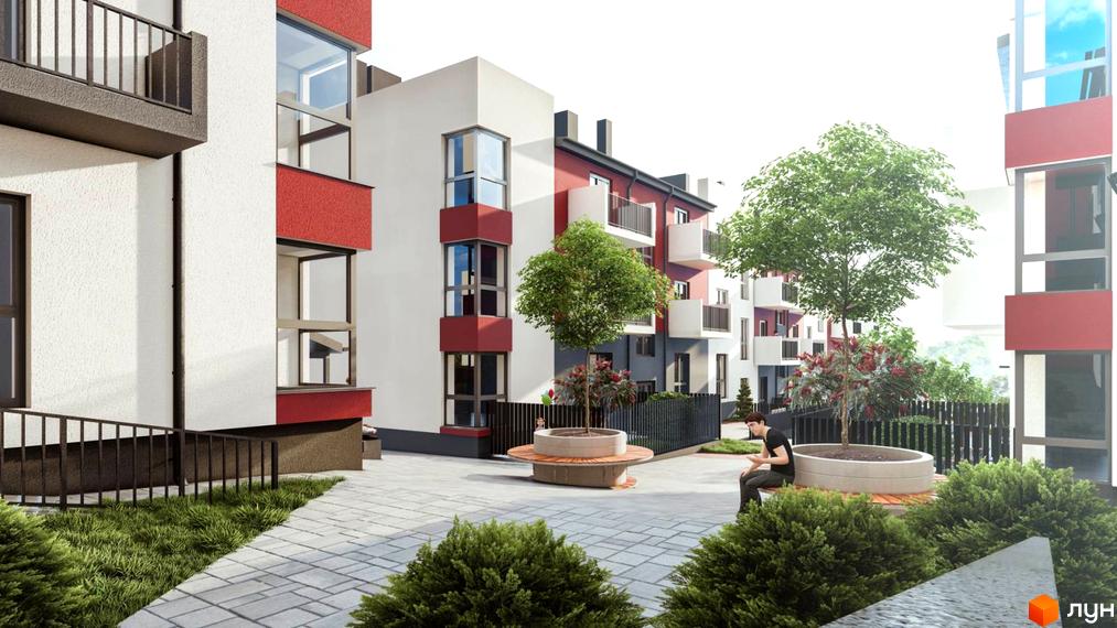 Житловий комплекс Cherry House 3 з червоними та білими фасадами, балконами та прибудинковою територією з деревами та лавками.