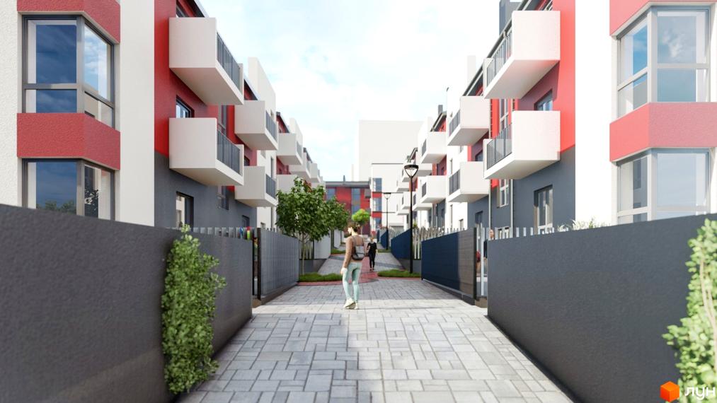 Зовнішній вигляд будинків ЖК Cherry House 3 з балконами та вікнами, що виходять на брукований двір з деревами та людьми.