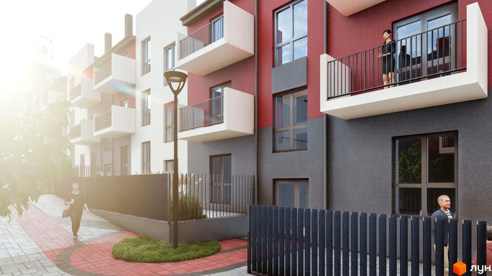 Житловий комплекс Cherry House 3: фасади будівлі з балконами та вікнами, прибудинкова територія з алеєю та огорожею.