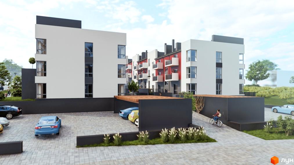 Житловий комплекс Cherry House 3. Білі будинки з темно-сірими елементами, балконами та панорамними вікнами. На території є парковка та зелені насадження.