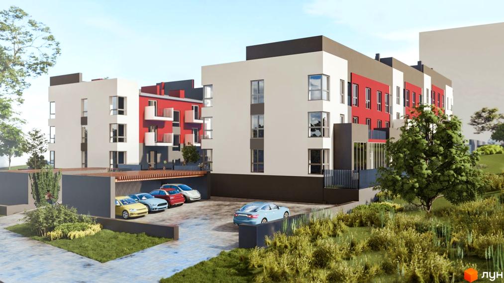 Житловий комплекс Cherry House 3 з паркінгом та доглянутою прибудинковою територією. Сучасна архітектура з використанням білого, червоного та коричневого кольорів.