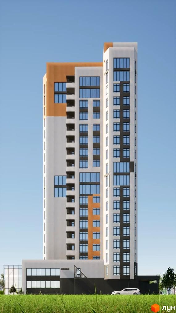 Зовнішній вигляд новобудови ЖК Моноліт з панорамними вікнами та балконами. Навколо будинку зелена газонна територія та дерева.